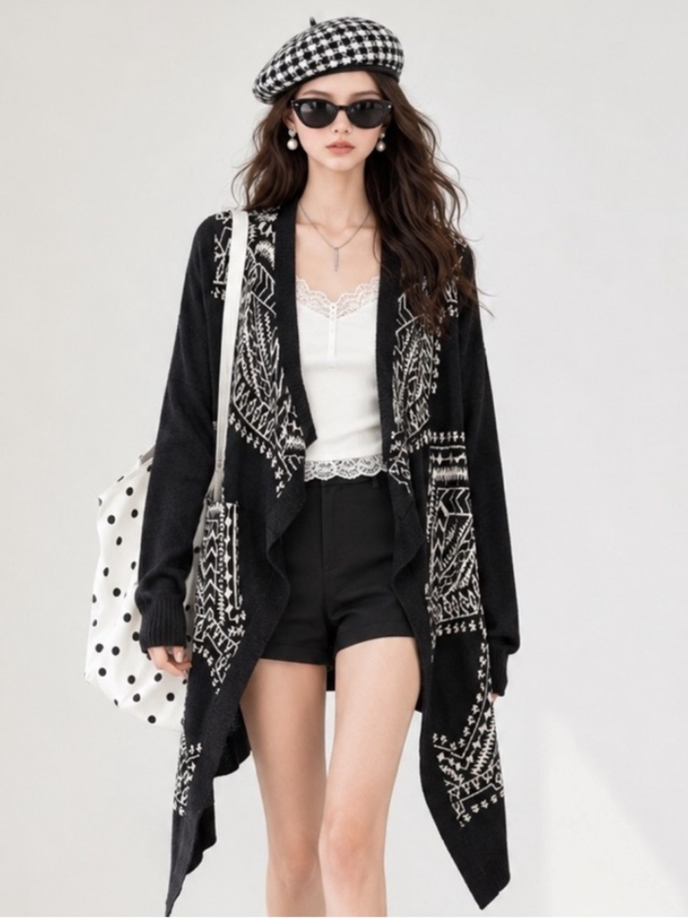 Ecote Black & White Geometric Open Front Asymmetrical Hem Cardigan
